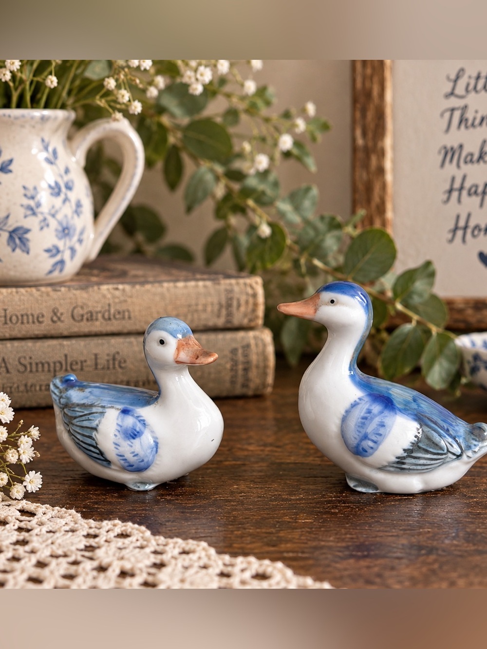 Blue & White Porcelain Miniature Duck Figurines Attributed to Otagiri Japan